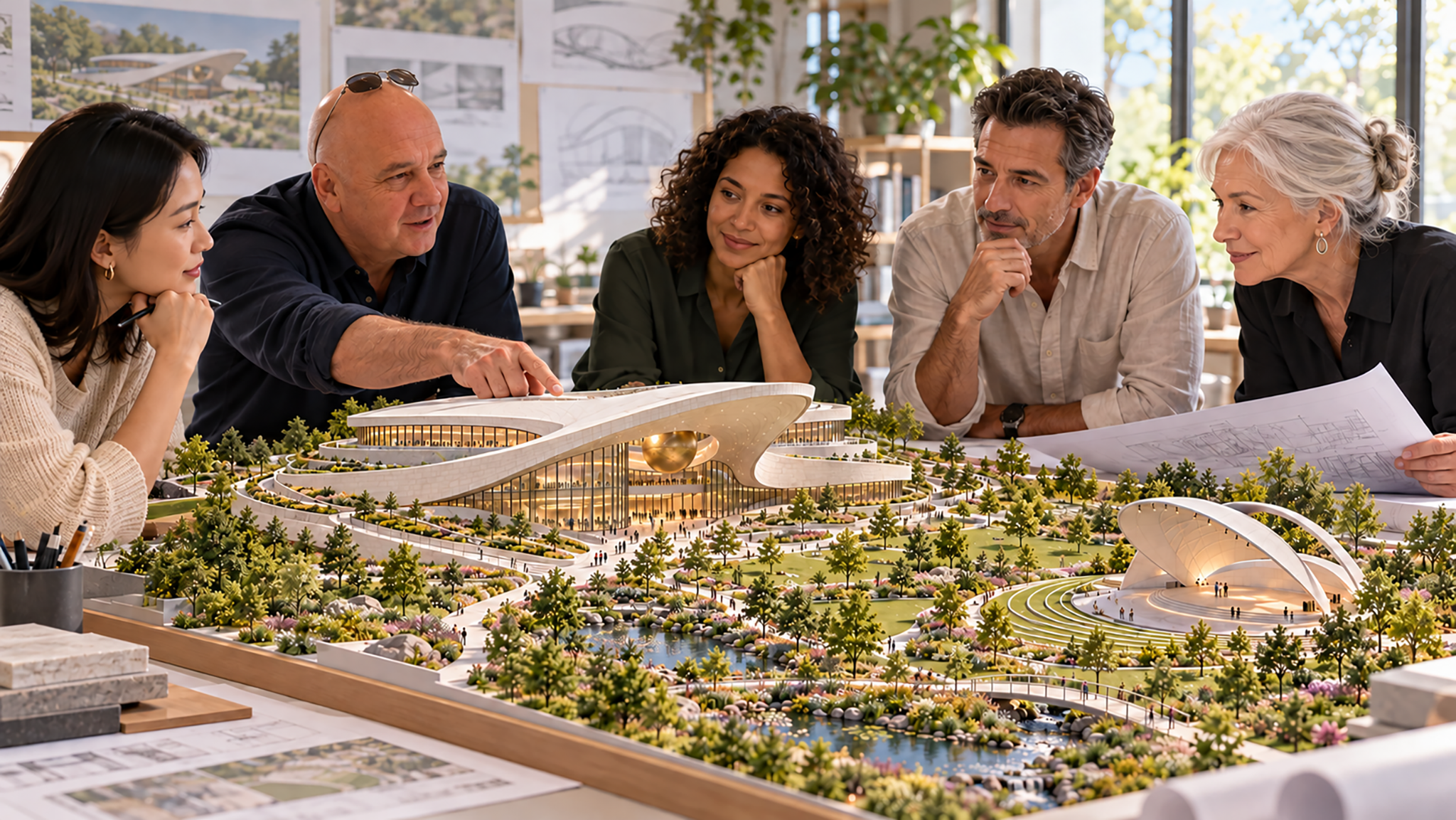 Illustrative planning team discussing a scale model of CASE and Tranquility park