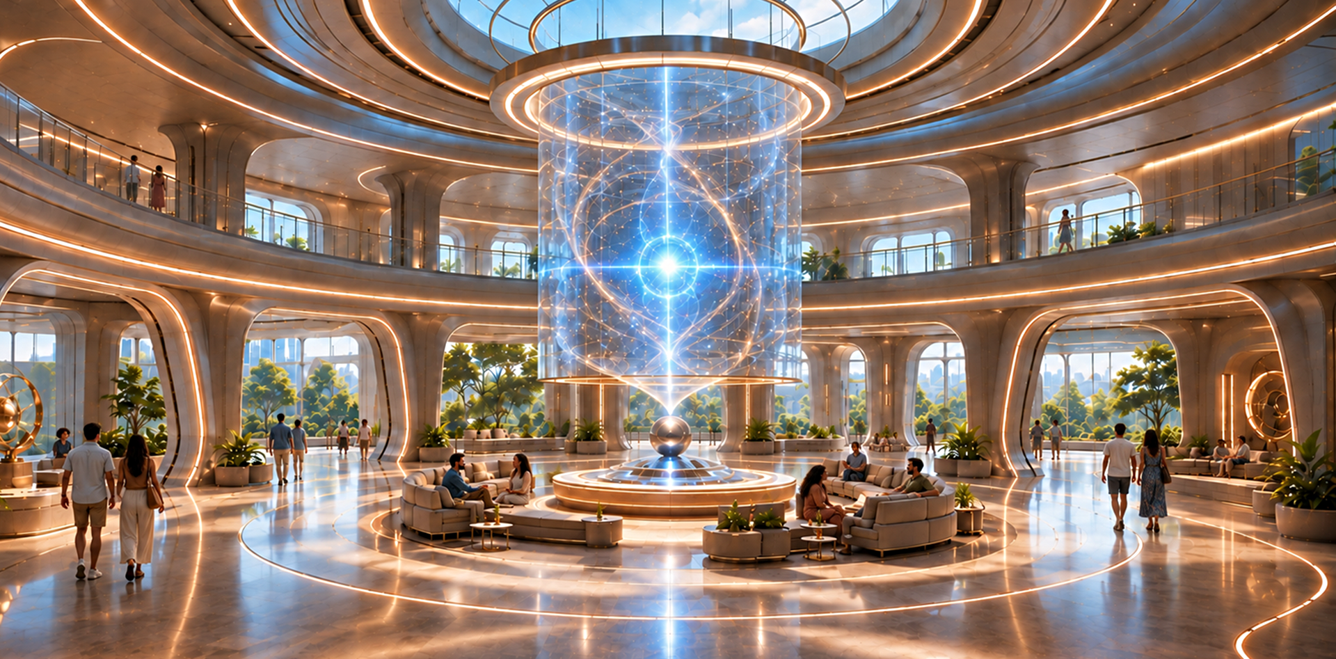 Concept rendering of a luminous CASE atrium with a central celestial display and sweeping upper galleries