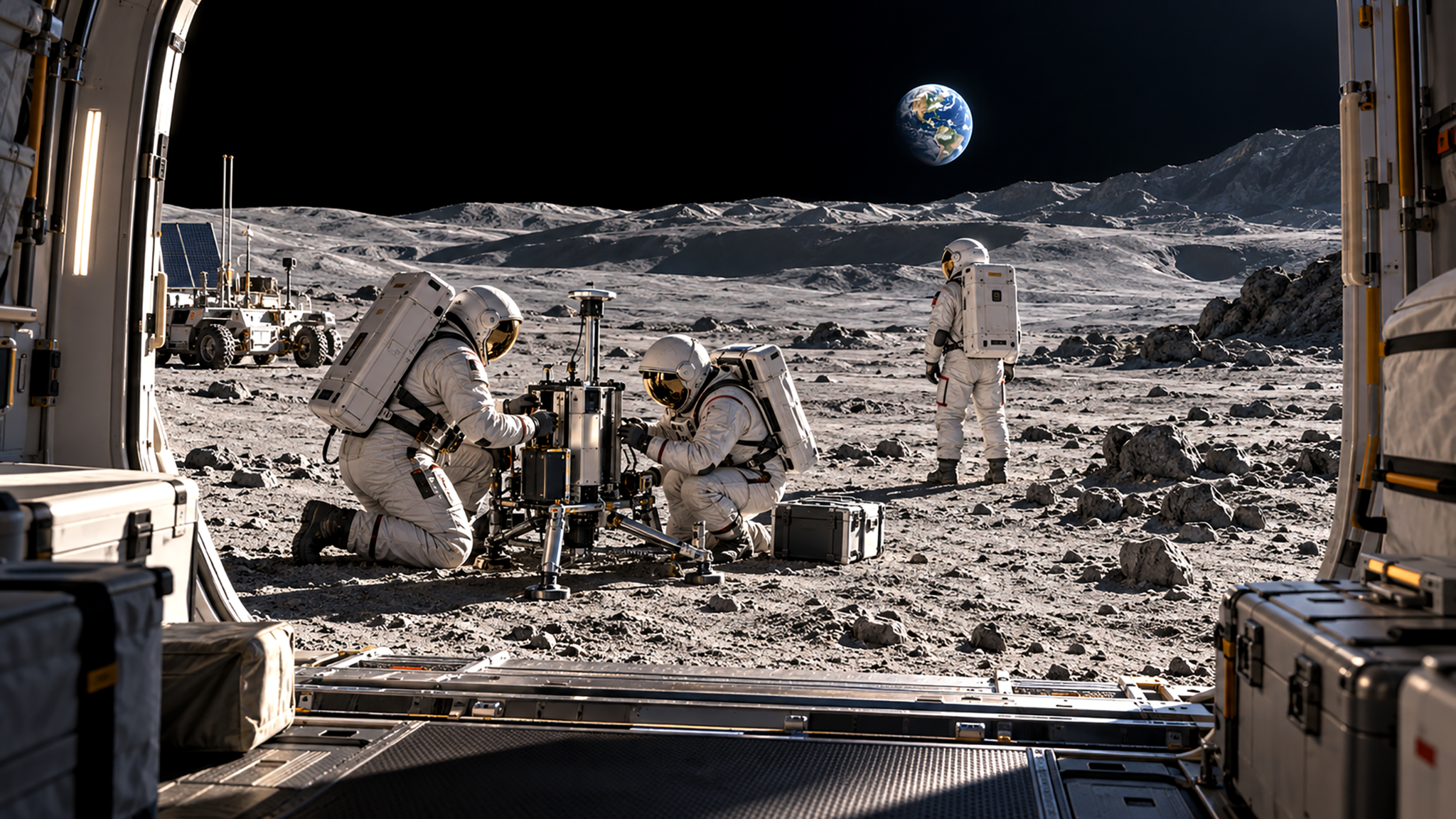 Concept illustration of a crew conducting scientific work outside a lunar habitat with Earth in view